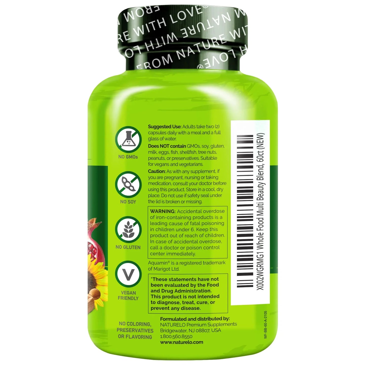 NATURELO Whole Food Multivitamin with Extra Hair, Skin and Nails Support - Beauty Blend with Hyaluronic Acid & Grape Seed - High Potency Biotin, Vitamin C NATURELO