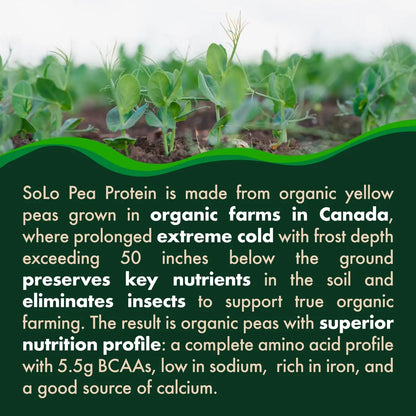 SOLO Organic Pea Protein Isolate, Low in Sodium, Canada Grown Peas, 100% Vegan, Non-GMO, Unflavored Plant Based Protein Powder with BCAA, Keto & Paleo Friendly, FOLONA