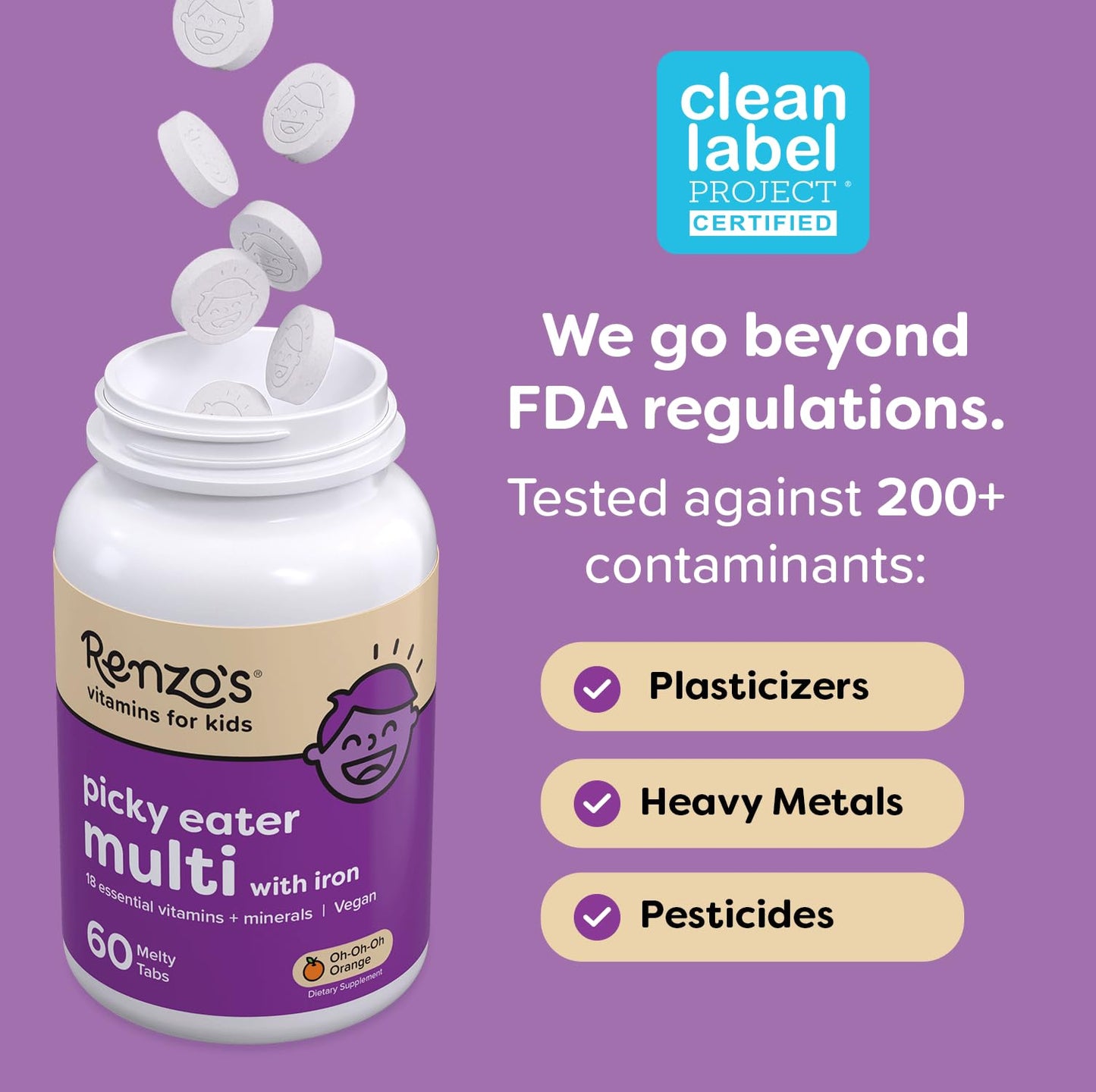 Renzo's Picky Eater Kids Multivitamin with Iron - Dissolvable Kids Vitamins with Iron, Zinc, Vitamin C, Vitamin D, E & K, Sugar-Free Melty Tabs, Orange Flavor Renzo's