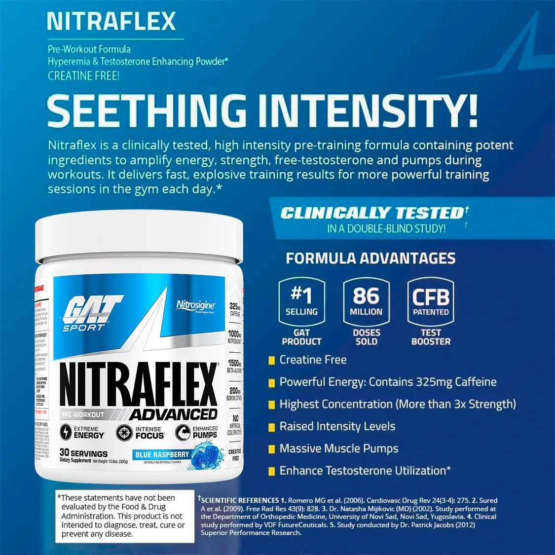 GAT SPORT Nitraflex Advanced Pre-Workout Powder, Increases Blood Flow, Boosts Strength and Energy, Improves Exercise Performance, (Blue Raspberry, 30 Servings) GAT SPORT