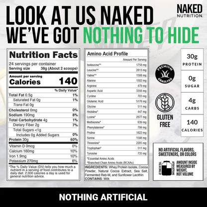 NAKED Chocolate Whey Isolate Protein - Only 6 Ingredients, 30g Grass-Fed Protein, Undenatured, No GMO, No Soy, Gluten-Free, No Preservatives - 24 Servings NAKED