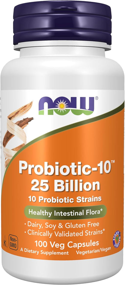 NOW Foods Supplements, Probiotic-10™, 25 Billion, with 10 Probiotic Strains, Dairy, Soy and Gluten Free, Strain Verified, 100 Veg Capsules Gsupps Australia
