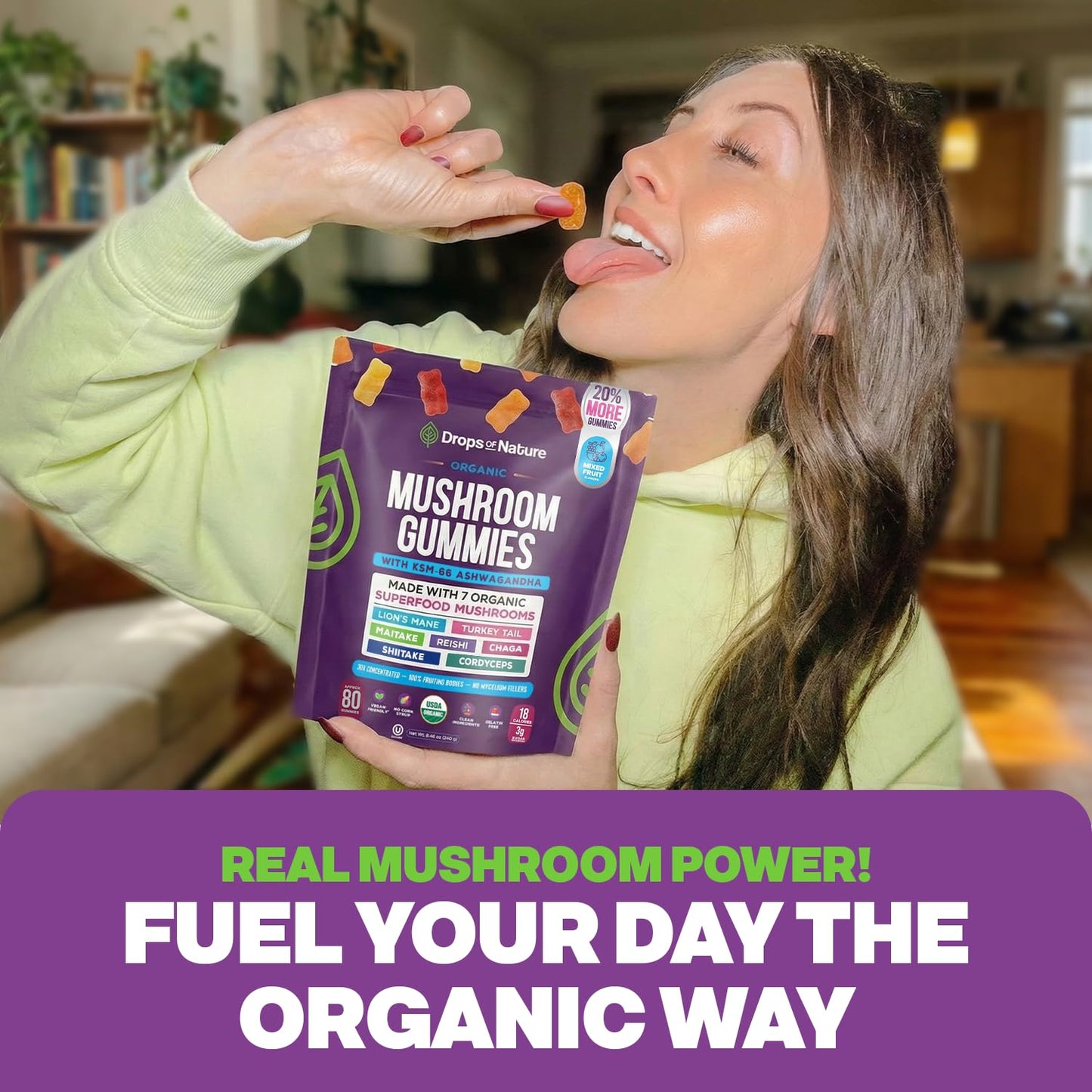Drops Of Nature Lions Mane & Ashwagandha Gummies – Turkey Tail, Maitake, Reishi, Chaga, Shiitake, Cordyceps – Organic, Low Carb Superfood Gummies Drops Of Nature