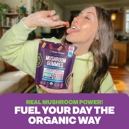 Drops Of Nature Lions Mane & Ashwagandha Gummies – Turkey Tail, Maitake, Reishi, Chaga, Shiitake, Cordyceps – Organic, Low Carb Superfood Gummies Drops Of Nature