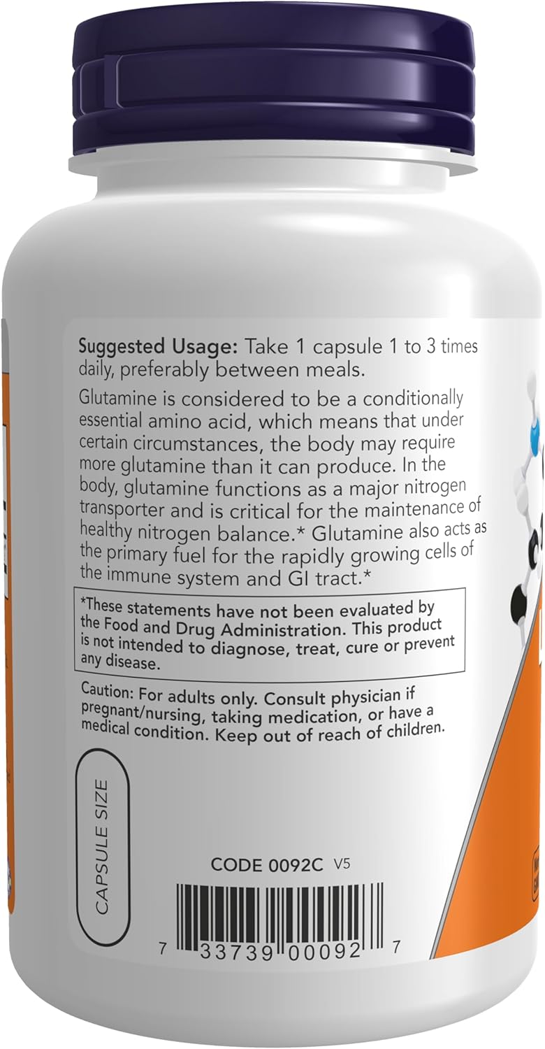NOW Foods Supplements, L-Glutamine 500 mg, Nitrogen Transporter*, Amino Acid, 120 Veg Capsules Gsupps Australia