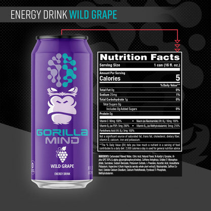 Gorilla Mind Energy Drink | Unmatched Energy · Amplified Focus | N-Acetyl-L-Tyrosine, Alpha-GPC, 200mg Caffeine, Uridine, Saffron | 0 Sugar Or Artificial Colors | 16oz, 12-Pack (Black Cherry Vanilla)