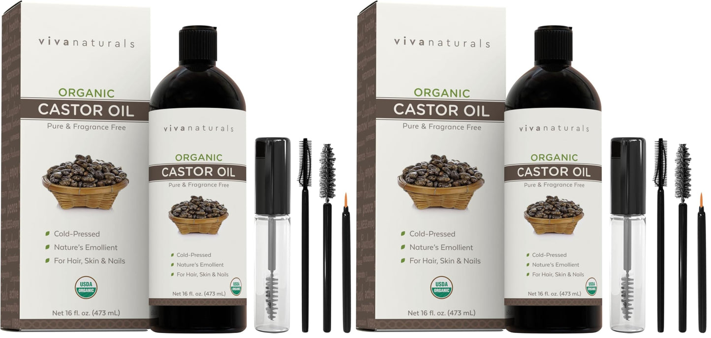 Viva Naturals Organic Castor Oil, Cold-Pressed, 16 fl oz – For Face, Hair, Eyelashes, USDA Organic, Non-GMO - With Beauty Kit Gsupps Australia
