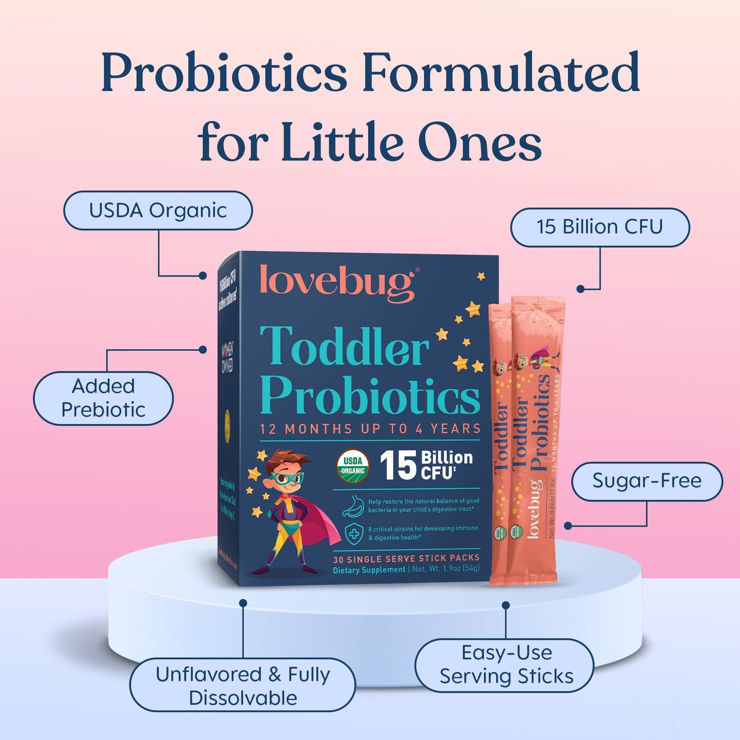 LOVEBUG Kids Probiotic Powder with Prebiotic Fiber - Toddler Immunity Support & Constipation Relief - USDA Organic Probiotics for Childrens Gut & Digestive Health LOVEBUG