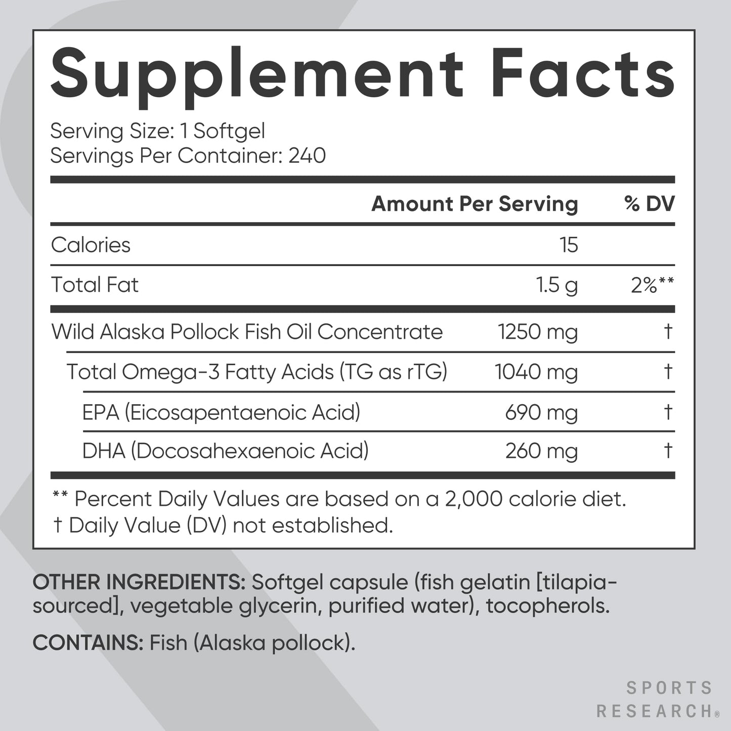 Sports Research® Omega-3 Fish Oil 1250mg from Wild Alaska Pollock, 90 Count | Always Fresh Never Fishy | 690mg EPA 260mg DHA per Softgel · Heart & Brain Health* · MSC Certified Sustainable - 90 Servings Gsupps Australia