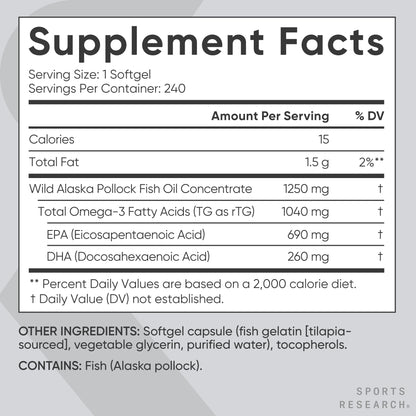 Sports Research® Omega-3 Fish Oil 1250mg from Wild Alaska Pollock, 90 Count | Always Fresh Never Fishy | 690mg EPA 260mg DHA per Softgel · Heart & Brain Health* · MSC Certified Sustainable - 90 Servings Gsupps Australia