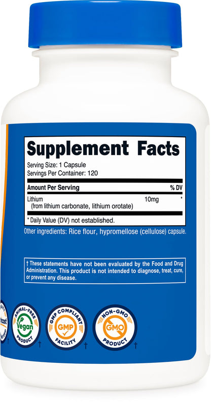 Nutricost Lithium Orotate (10mg) 120 Capsules - Vegan Lithium Supplement, GMO-Free, Gluten-Free Nutricost