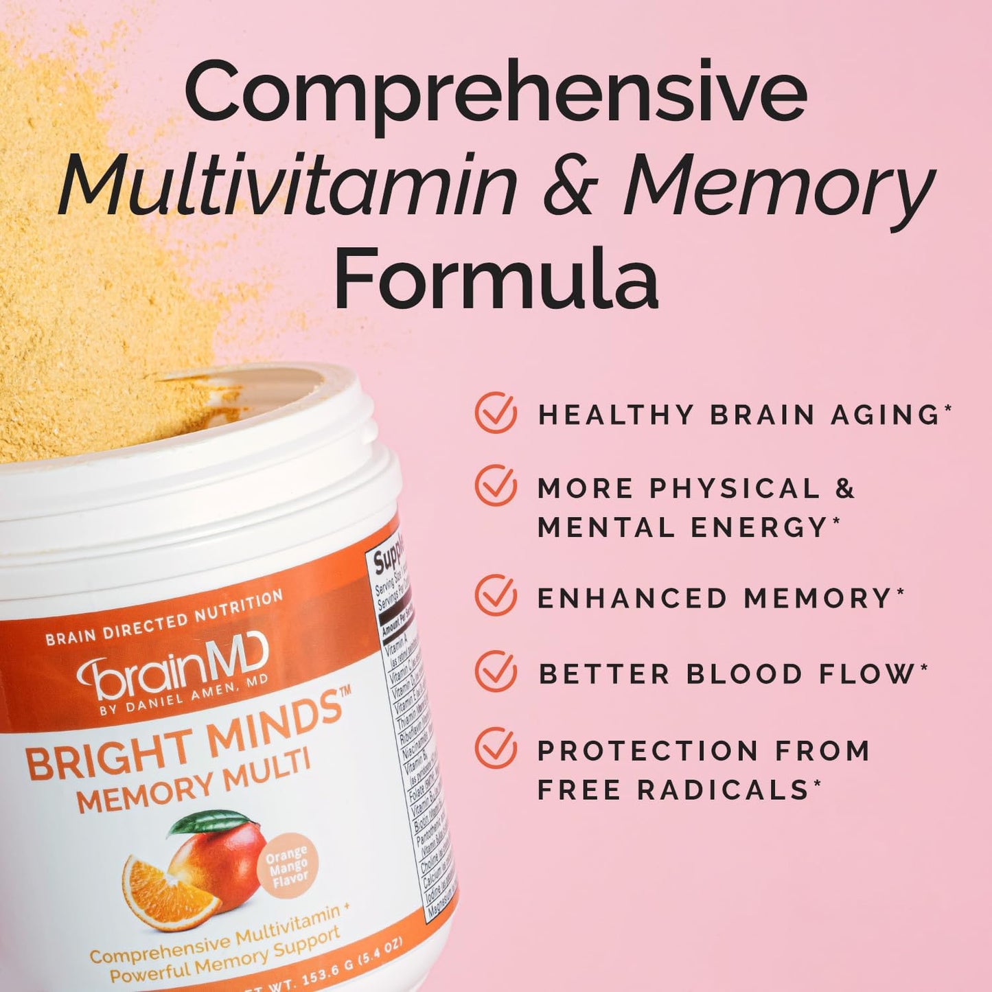 BRAINMD Dr Amen BRIGHT MINDS Memory Multi, Orange Mango Flavor - 5.4 oz Powder - Multivitamin & Memory Support - Gluten Free, Sugar Free - 30 Servings