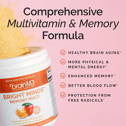 BRAINMD Dr Amen BRIGHT MINDS Memory Multi, Orange Mango Flavor - 5.4 oz Powder - Multivitamin & Memory Support - Gluten Free, Sugar Free - 30 Servings