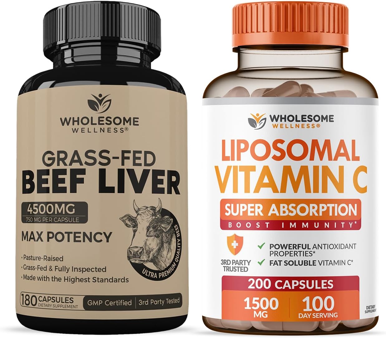 Grass Fed Desiccated Beef Liver Capsules (180 Pills, 750mg Each) + Liposomal Vitamin C Capsules (200 Pills 1500mg Buffered) High Absorption VIT C Bundle Gsupps Australia