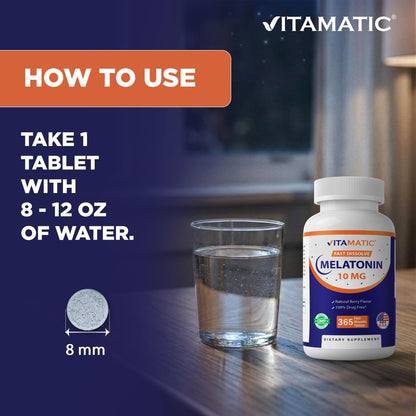 Vitamatic Melatonin 10 mg Fast Dissolve Tablets – Quick-Dissolving Sleep Support Supplement for Adults – Vegetarian, Non-GMO & Gluten-Free Vitamatic