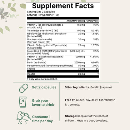 Micro Ingredients Pure Methylated B Complex, 240 Capsules | 11-in-1 Formula with Methylfolate, B12, Thiamin, Inositol, Choline, & Fat Soluble Vitamin C Micro Ingredients