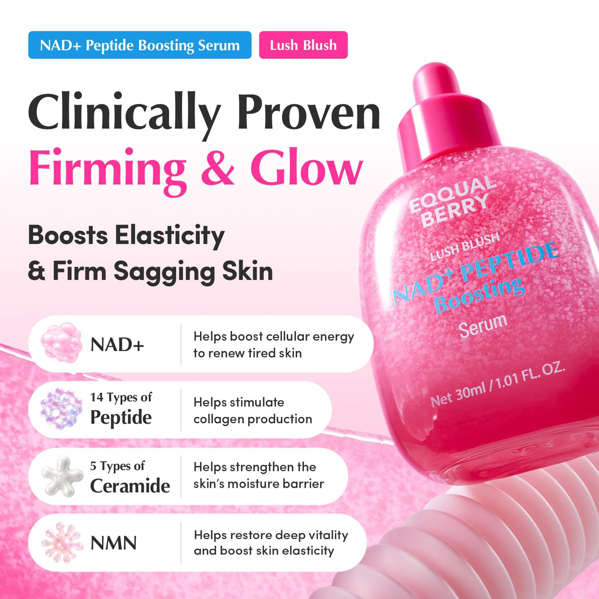 EQQUALBERRY NAD+ Peptide Boosting Serum | 14 Peptide Serum for Face, Neck & Body | Vegan Collagen & Pink Serum for Anti-Aging, Firming & Lifting | Korean Skincare (1.01 oz / 30ml) EQQUALBERRY