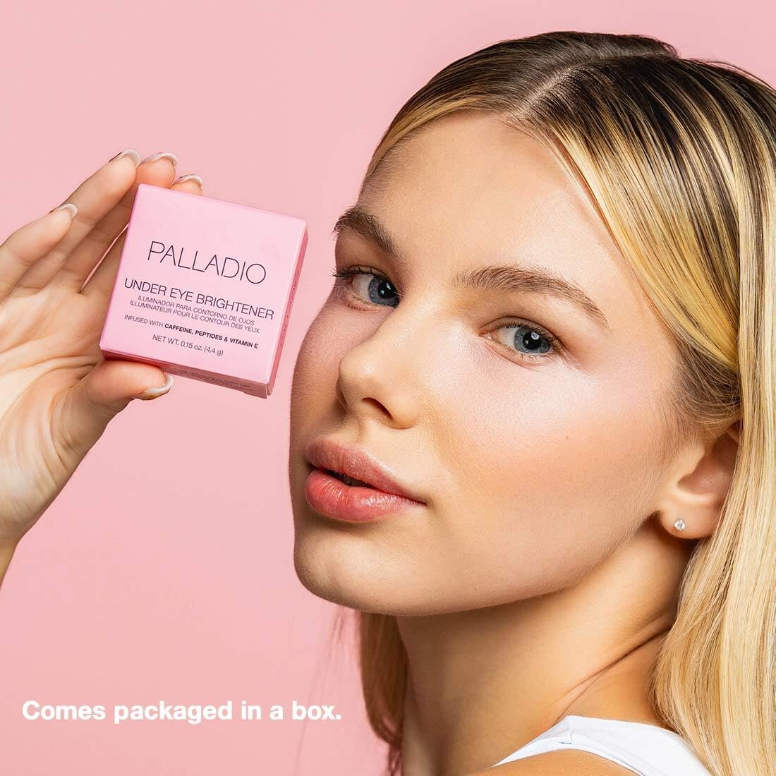 Palladio Under Eye Brightener, Conceal, Brightens, Reduces Appearance of Dark Circles, With Caffeine Peptides & Vitamin E, Tired Skin Color Correcting Brightener & Primer, Light to Medium (Soft Pink) Palladio
