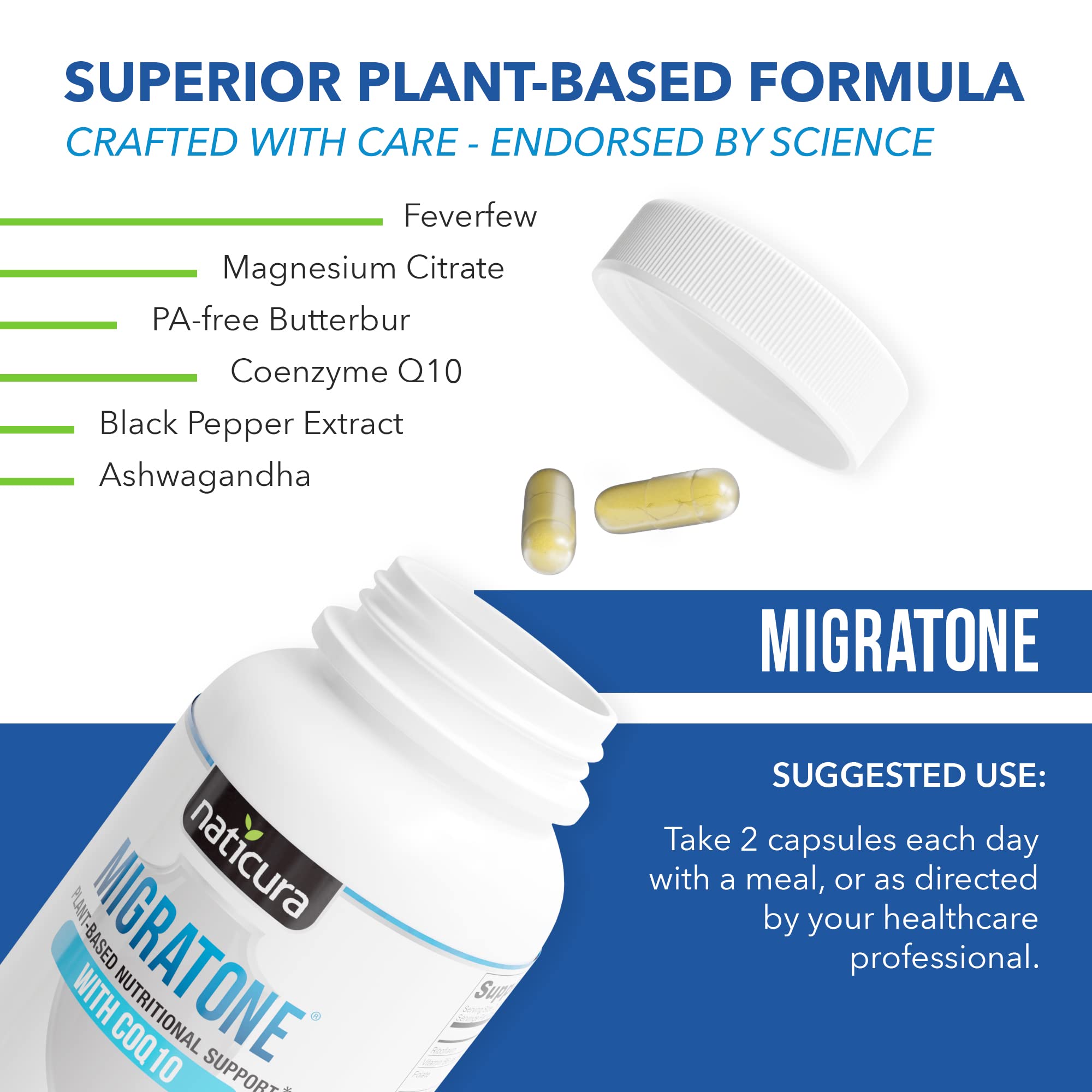 Migratone Migraine Relief Nutritional Support Supplement - with Magnesium, Riboflavin Vitamin B2, B6 & B12, Microactive Coq10, Feverfew, PA-Free Butterbur, and Folate - Clinically Preferred Blend Naticura buy australia supplements