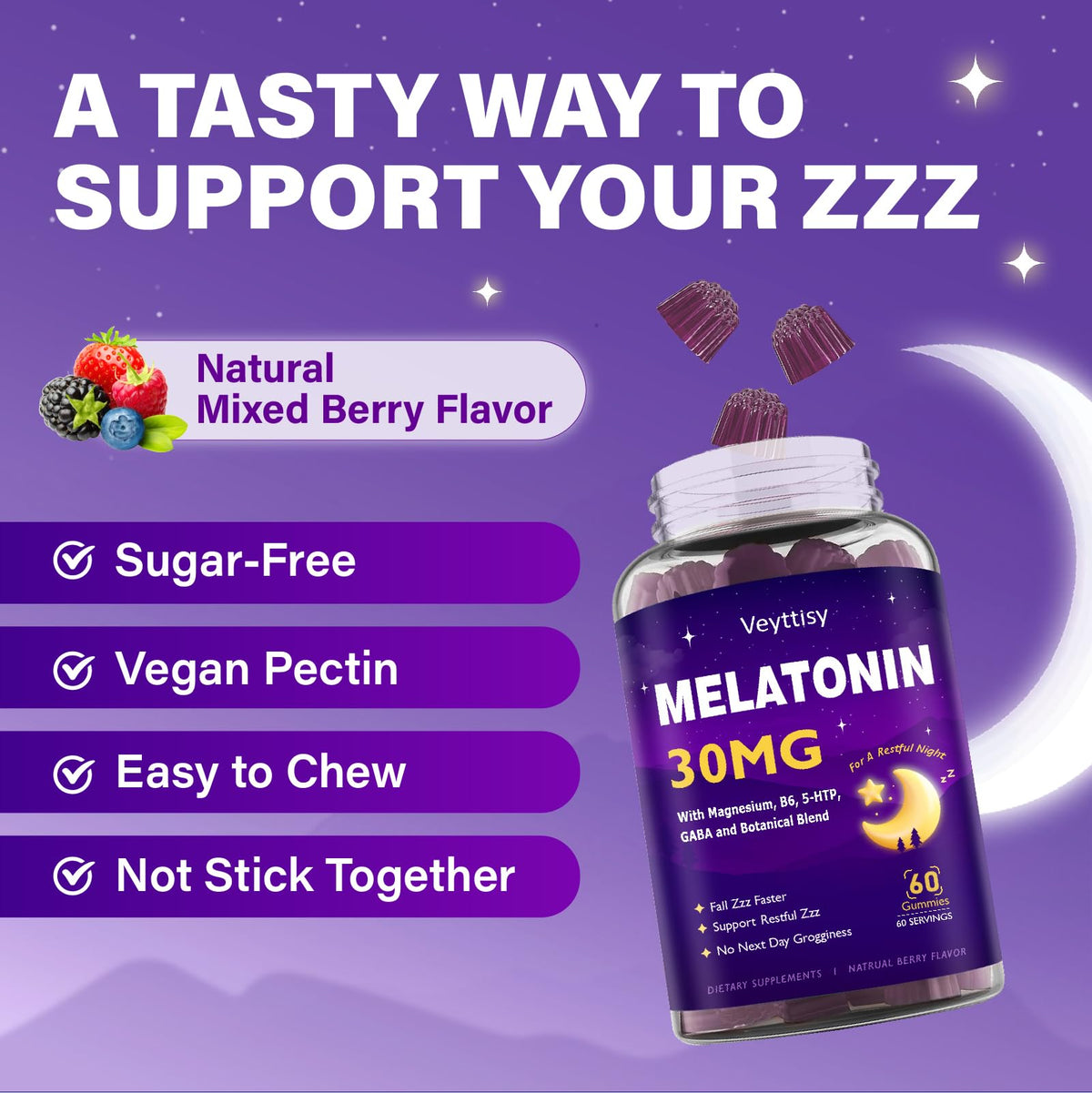 Veyttisy Melatonin 30mg Gummies for Adults - Sugar Free Melatonin Gummies Maximum Strength with Magnesium, B6, GABA & Botanical Blend - Non-Habit Forming,Vegan Veyttisy