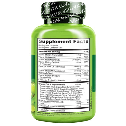 NATURELO Vitamin B Complex,120 Capsules, Vegan, CoQ10, Methyl Folate, Biotin, Fruit & Veg Blend, Supports Energy and Healthy Stress Response NATURELO