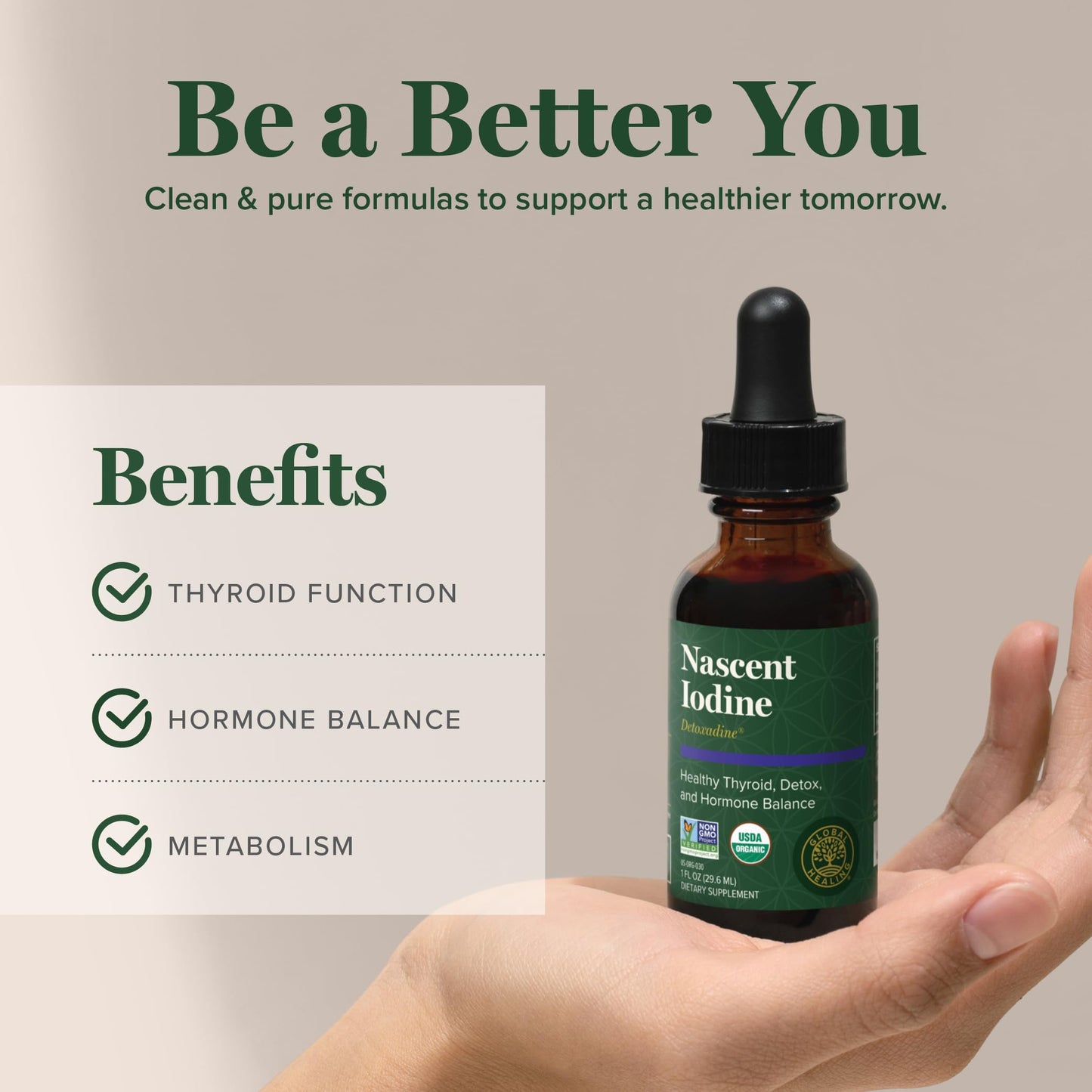 Global Healing Center - Detoxadine - Organic Nascent Liquid Iodine Supplement Drops for Thyroid Support, Detox Cleanse, and Metabolism - Non-GMO, Vegan, 200 Servings Iodine Drops (1 Oz)