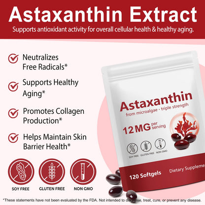 Xaarty Premium Astaxanthin 12mg, Natural Antioxidant Supplement for Eye, Joint, Skin Health,Microalgae Source, 4 Month Supply Xaarty