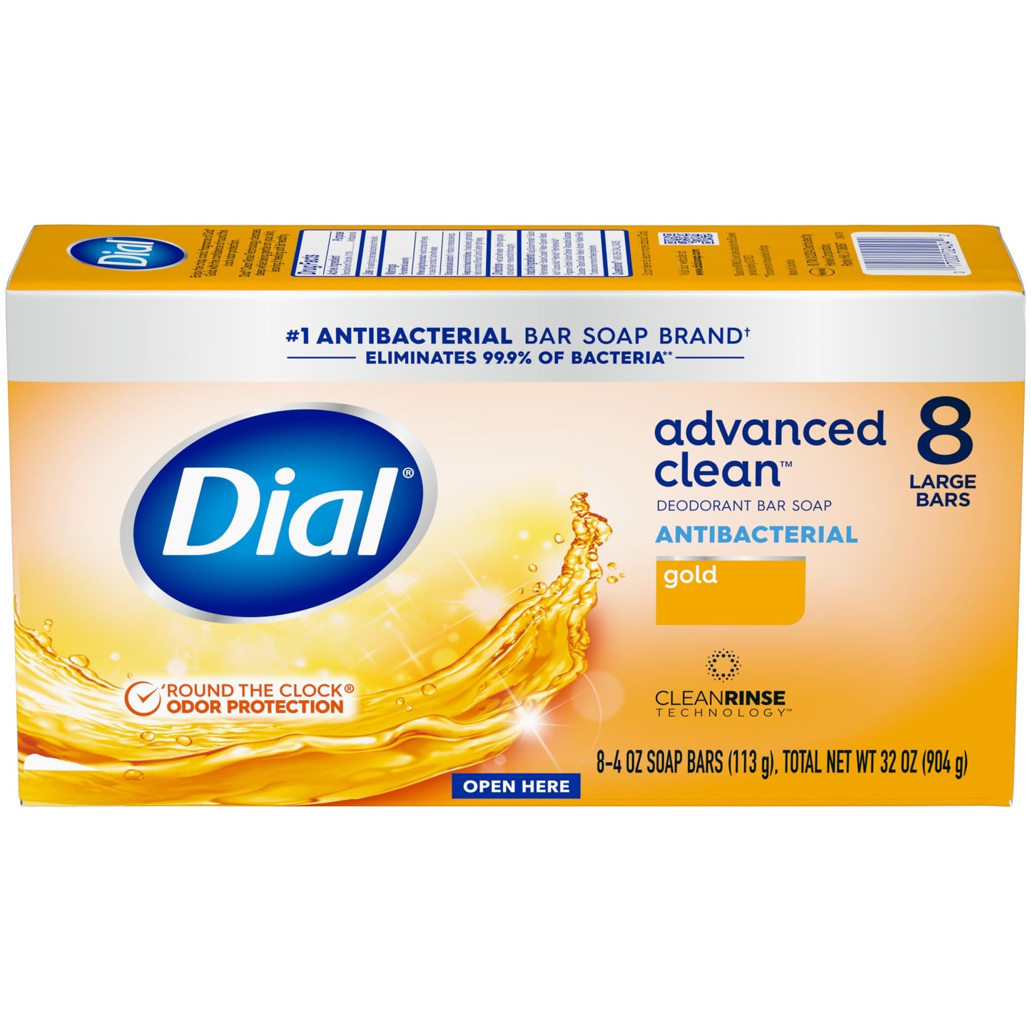 Dial Antibacterial Deodorant Bar Soap, Advanced Clean Gold, 4 Oz, 32 Bars, Round the Clock Odor Protection Dial