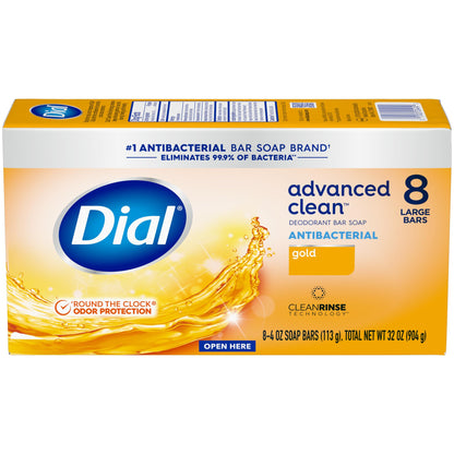 Dial Antibacterial Deodorant Bar Soap, Advanced Clean Gold, 4 Oz, 32 Bars, Round the Clock Odor Protection Dial