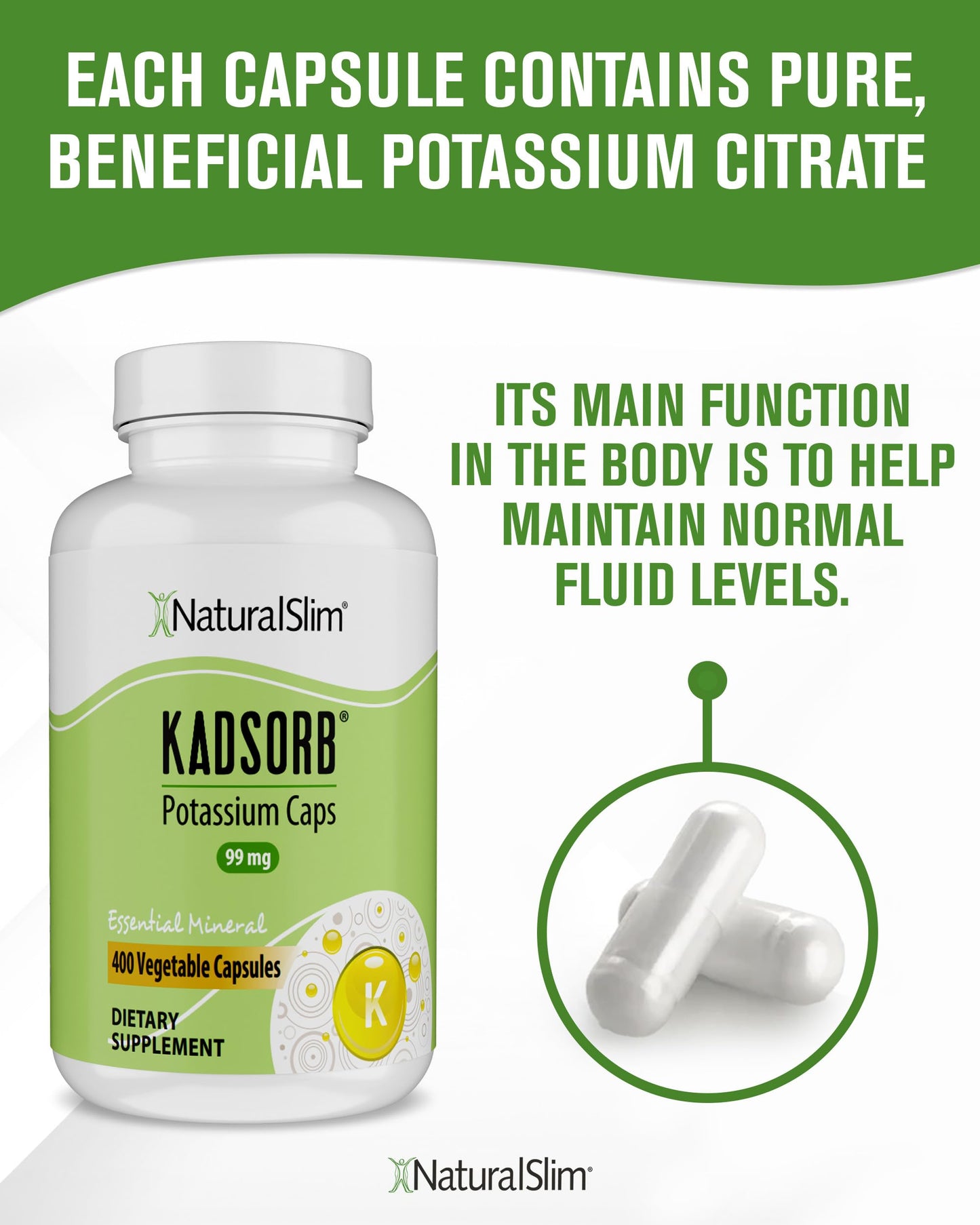 NaturalSlim Natural Potassium Citrate Gluconate 99 mg - Kadsorb Supports Electrolyte Balance & Normal pH - Absorbable Potassium Supplements NaturalSlim