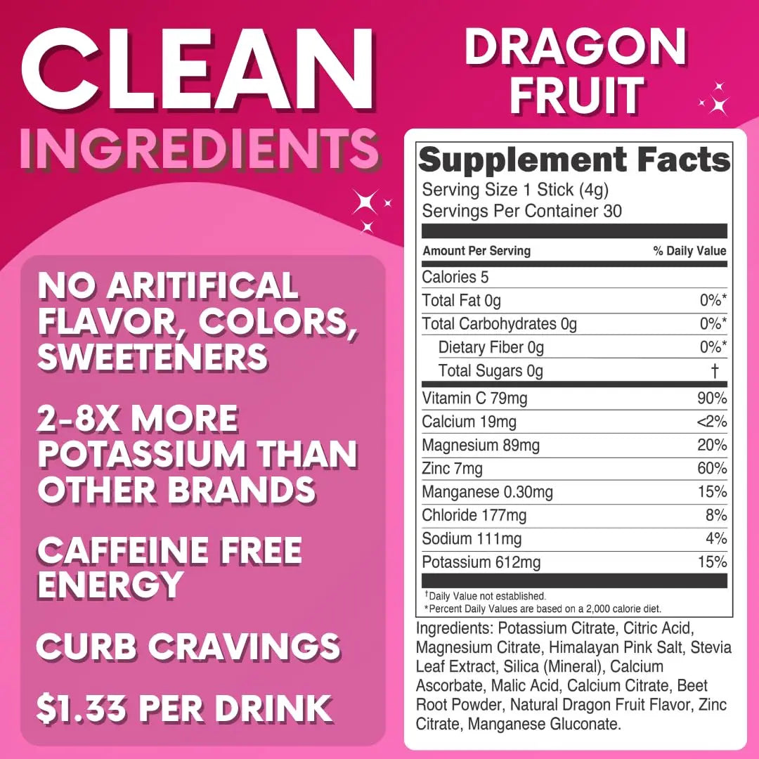 Zero Sugar Dragon Fruit Electrolytes Sticks - Refreshing Hydration - Caffeine Free Energy with Natural Ingredients - Vegan, Keto & Paleo My Adventure to Fit