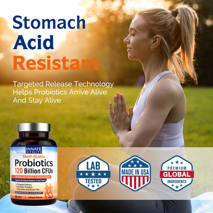 Innate Vitality Probiotics 120 Billion CFUs for Men & Women, 34 Strains with Prebiotics & Digestive Enzymes, Immune & Digestive Health Innate Vitality