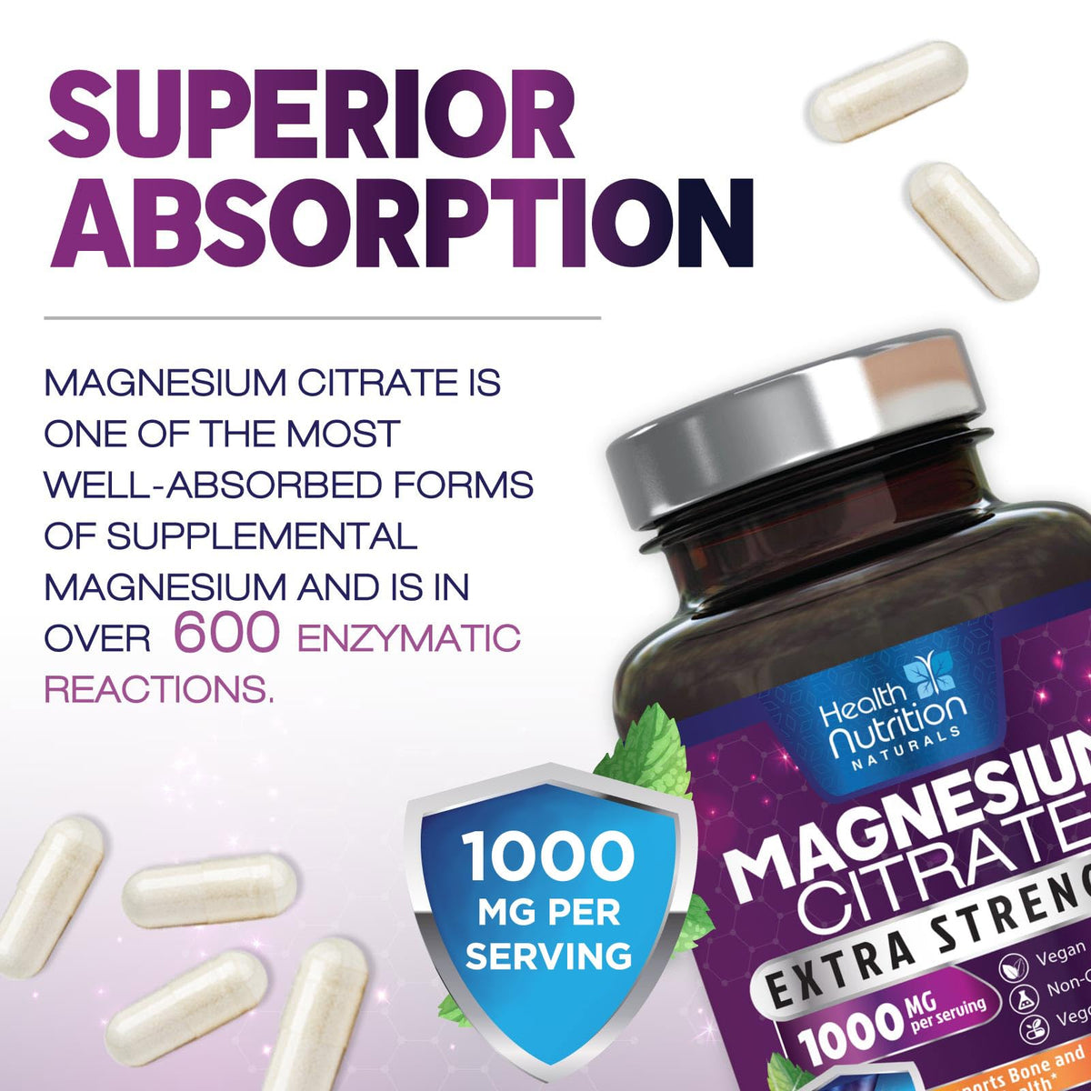 Magnesium Citrate 1000mg Per Serving - Max Absorption Magnesium Powder Capsules for Muscle, Nerve, Bone and Heart Health Support, High Absorption Citrate Complex Health Nutrition Naturals