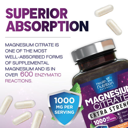 Magnesium Citrate 1000mg Per Serving - Max Absorption Magnesium Powder Capsules for Muscle, Nerve, Bone and Heart Health Support, High Absorption Citrate Complex Health Nutrition Naturals