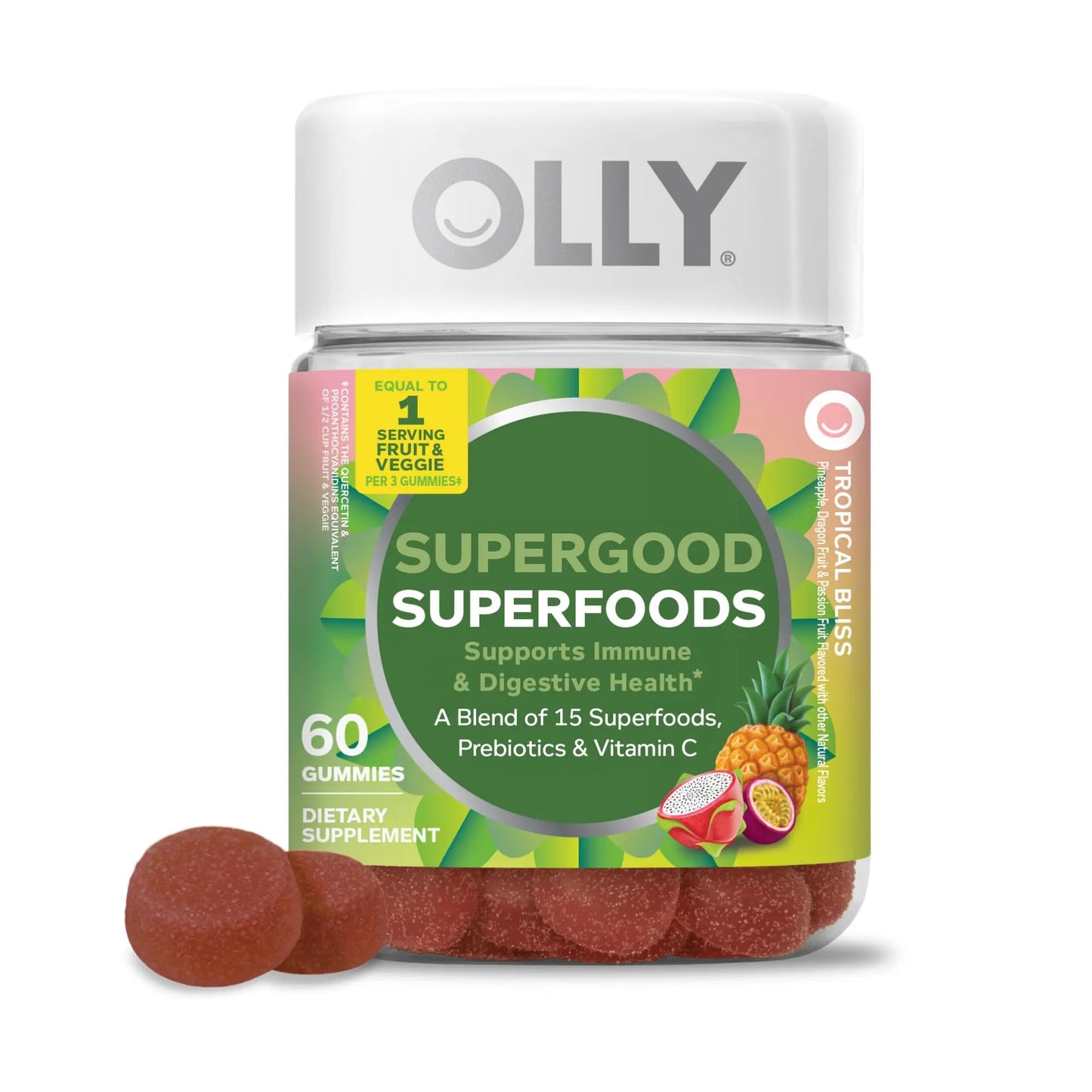 OLLY Supergood Superfoods Gummies, Supports Immune System & Digestive Health,* 15 Superfoods, Prebiotics, Vitamin C, Tropical Bliss Flavor OLLY