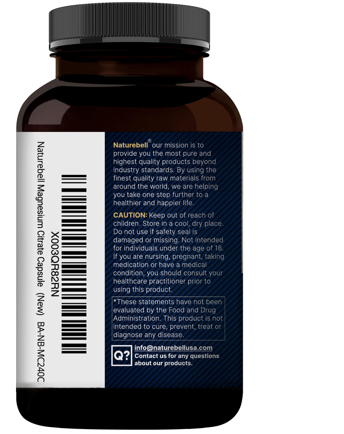 NatureBell Pure Magnesium Citrate 500mg per 3 Capsules Serving Size, 240 Capsules per Bottle NatureBell
