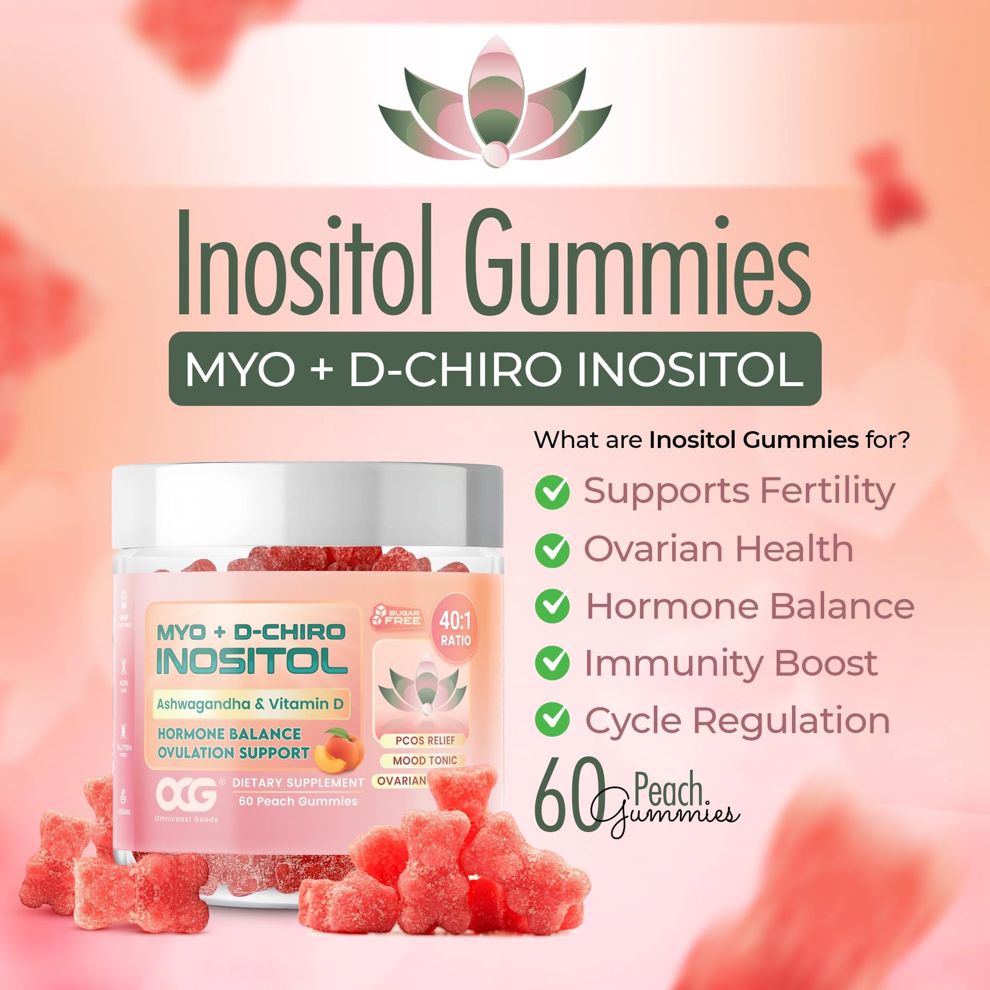 OMNICOAST GOODS, OCG Myo-Inositol & D-Chiro Inositol Gummies with Ashwagandha | PCOS Support | Ovulation & Mood Support, 40:1 Ratio Inositol for Hormone Balance, Sugar-Free, Non-GMO (60 Gummies) OMNICOAST GOODS, OCG buy australia supplements