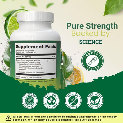 Organic Citrus Bergamot Supplement - Only USDA, Cardiologist Formulated with 200+ Scientific Studies -1000mg - Patented Extract, Heart, Cholesterol, Nourishing Nutrients