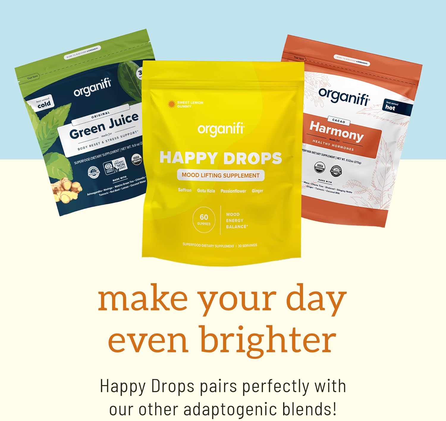 Organifi Happy Drops - Daily Superfood Happy Gummies for Adults - Mood Support Supplement for Balance, Bliss, Energy and Taking the Edge Off - Sweet Lemon Flavor - 60 Gummies Gsupps Australia