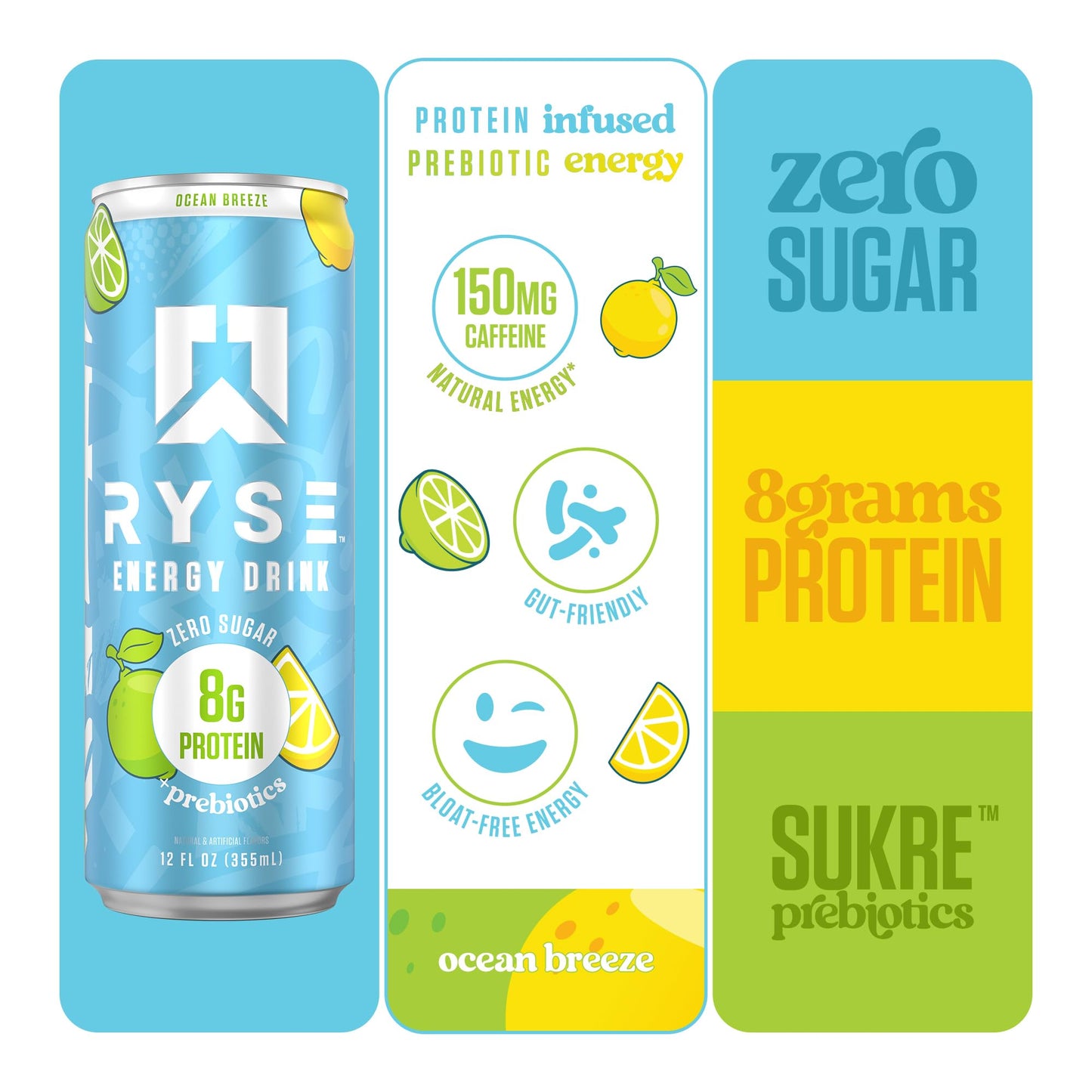 RYSE Functional Energy Drink - 5 Flavors Variety Pack - 150mg Natural Caffeine, 8g Whey Protein & 1g Prebiotics - Sugar Free, Gut-Friendly, Bloat-Free - 12 fl oz Cans (12-Pack)
