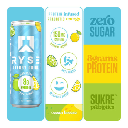RYSE Functional Energy Drink - 5 Flavors Variety Pack - 150mg Natural Caffeine, 8g Whey Protein & 1g Prebiotics - Sugar Free, Gut-Friendly, Bloat-Free - 12 fl oz Cans (12-Pack)