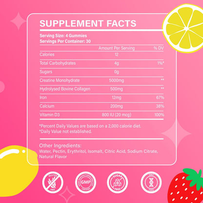 Creatine for Women, Creatine Monohydrate Gummies with Collagen, Vitamin D3 & Calcium for Muscles, Booty & Energy, Flavored Sugar Free Creatine Gummies Post ARDORACON