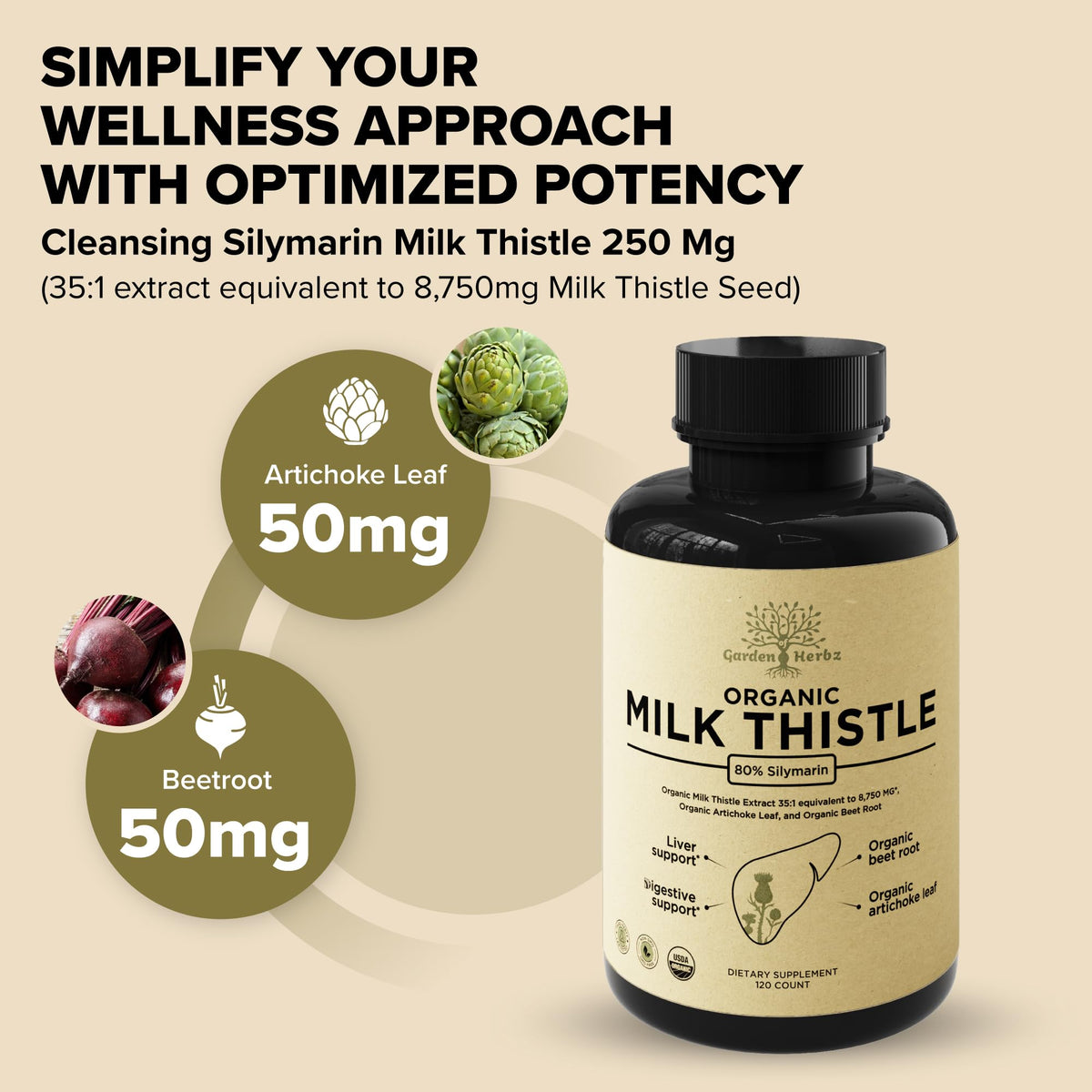 Garden of Herbz USDA Organic Milk Thistle Liver Detox Supplement 80% Silymarin, 250 mg with Beet Root & Artichoke Extract for Liver Support & Digestion, Garden of Herbz
