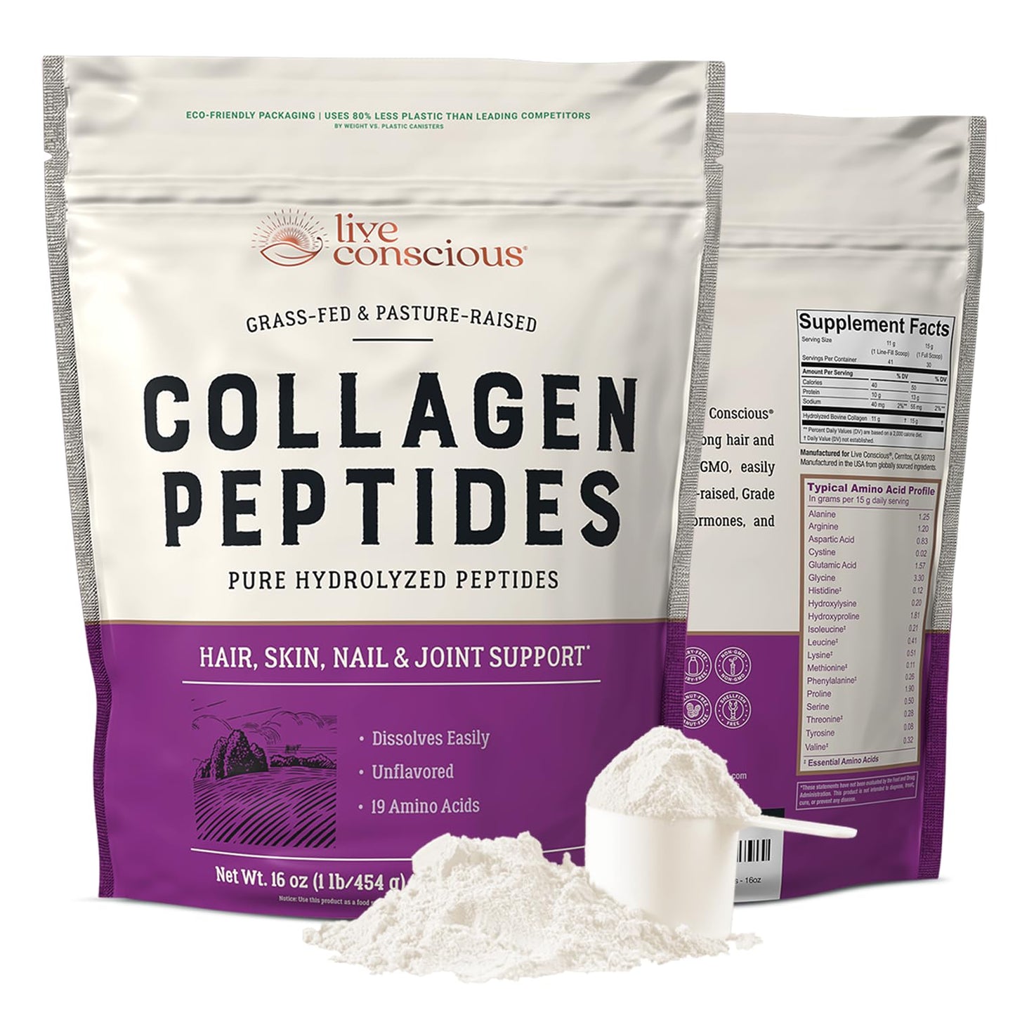 Live Conscious Collagen Peptides Powder - Naturally-Sourced Hydrolyzed Collagen Powder - Hair, Skin, Nail, and Joint Support - Type I & III Grass-Fed Collagen Live Conscious