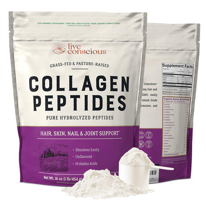 Live Conscious Collagen Peptides Powder - Naturally-Sourced Hydrolyzed Collagen Powder - Hair, Skin, Nail, and Joint Support - Type I & III Grass-Fed Collagen Live Conscious