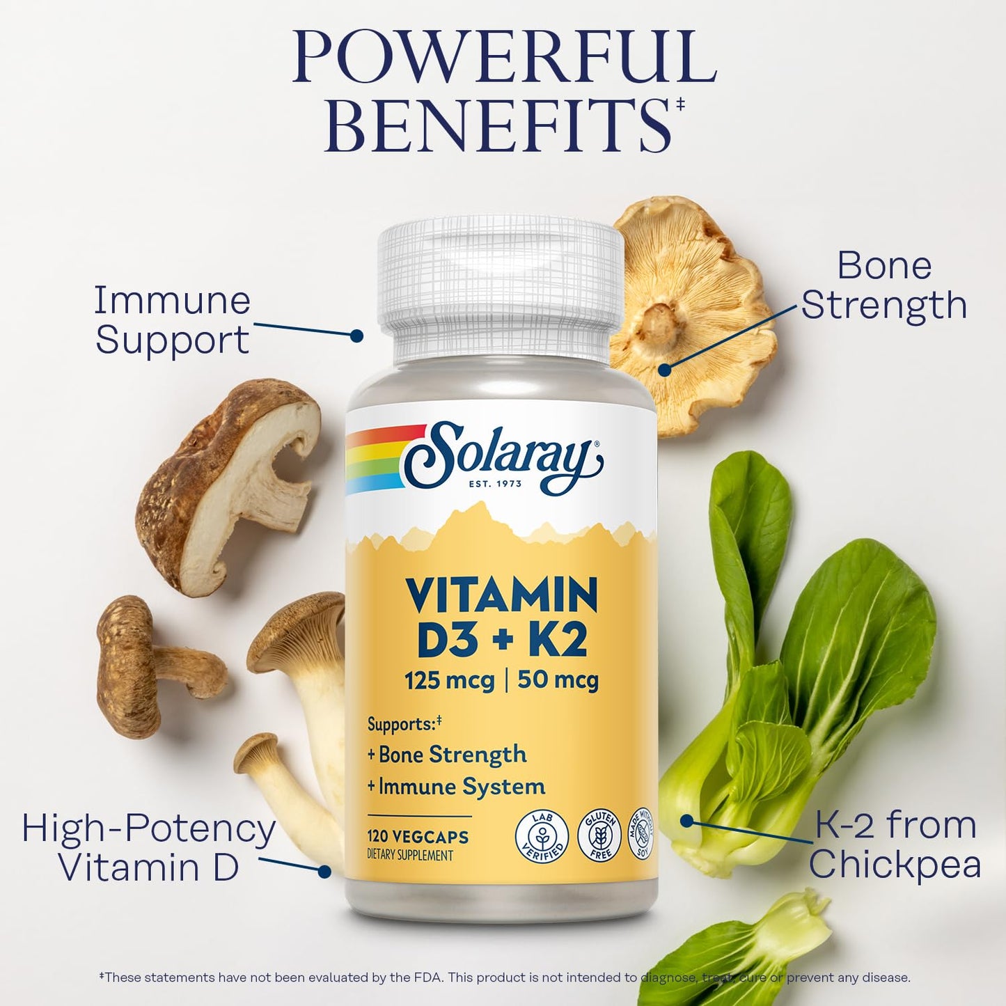 SOLARAY Vitamin D3 K2 - Bone Health and Immune Support Supplement - With 5000 IU Vitamin D as Vit D3 and 50 mcg Vitamin K2 as Menoquinone MK7, Made Without Soy SOLARAY