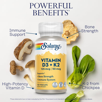 SOLARAY Vitamin D3 K2 - Bone Health and Immune Support Supplement - With 5000 IU Vitamin D as Vit D3 and 50 mcg Vitamin K2 as Menoquinone MK7, Made Without Soy SOLARAY