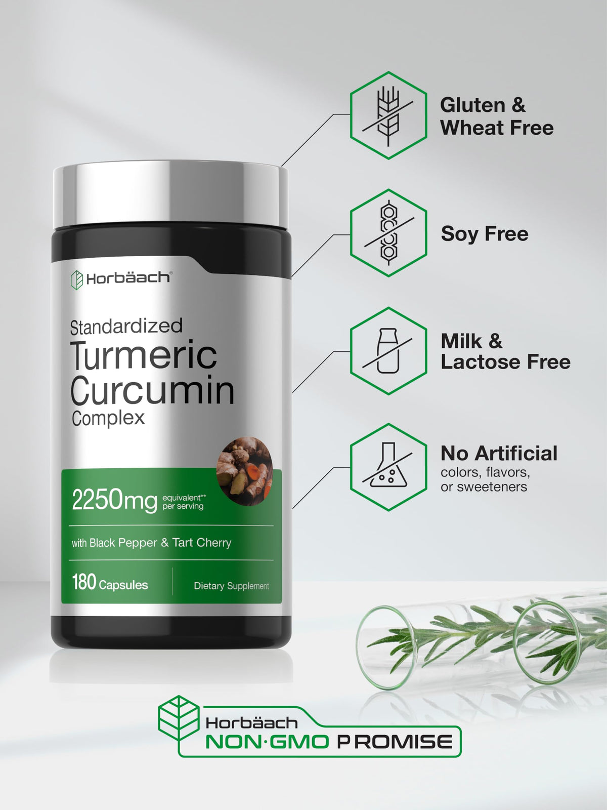 Horbäach Turmeric Curcumin Supplement | 180 Capsules | with Black Pepper & Tart Cherry | Non-GMO & Gluten Free Horbäach