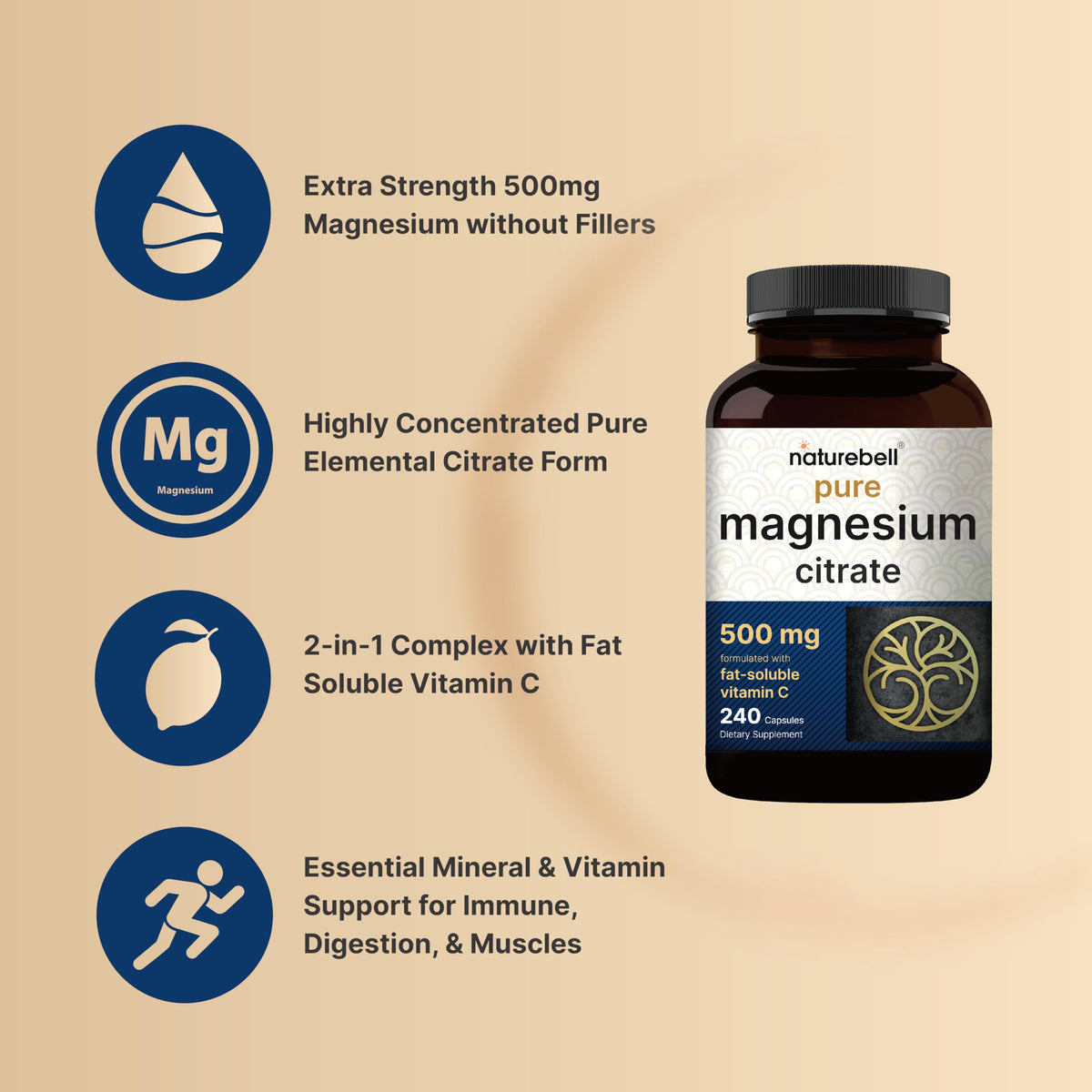 NatureBell Pure Magnesium Citrate 500mg per 3 Capsules Serving Size, 240 Capsules per Bottle NatureBell