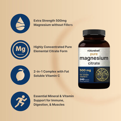 NatureBell Pure Magnesium Citrate 500mg per 3 Capsules Serving Size, 240 Capsules per Bottle NatureBell